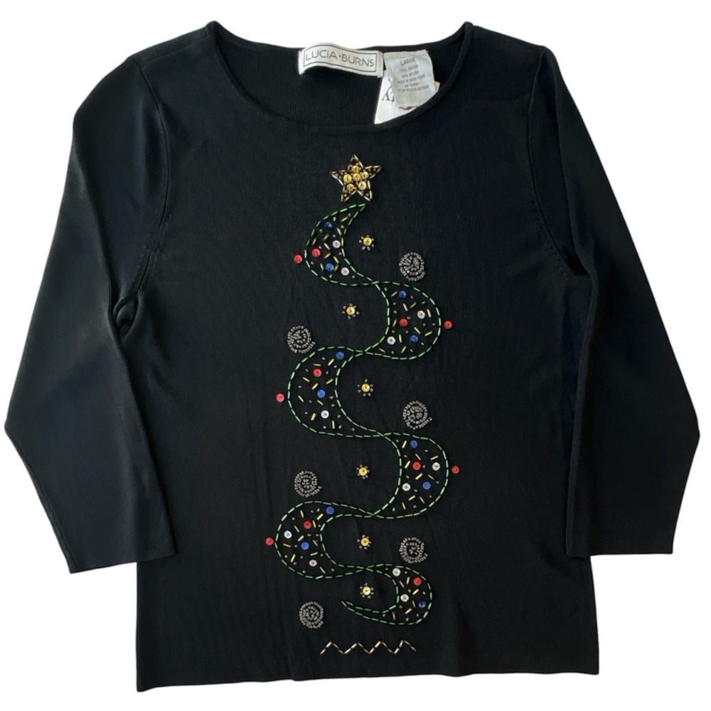 Lucia Burns Christmas Top Women L Black Knit Sequin Bead Star 3/4 Sleeve NEW VTG